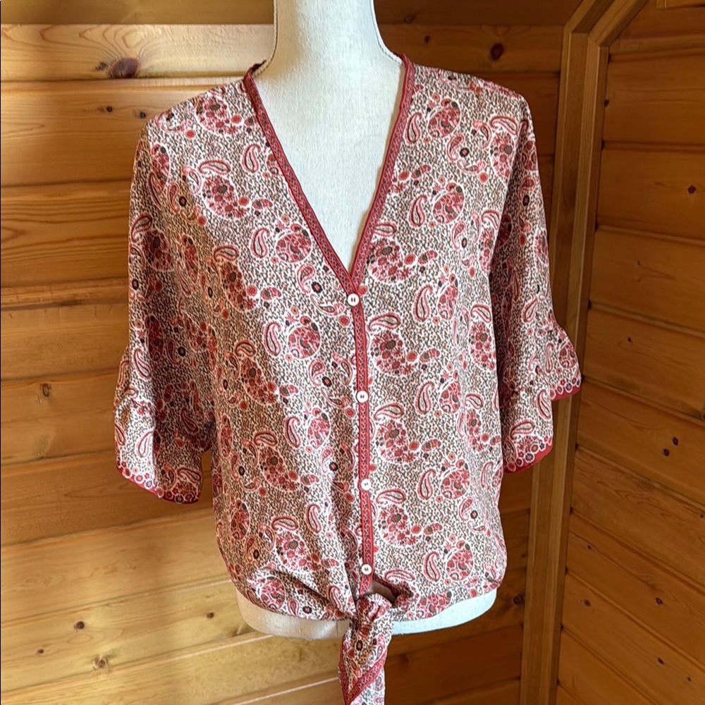 Paisley V-Neck Tie-Front Blouse